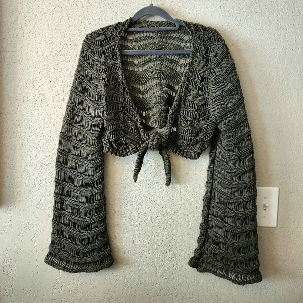 Olive Open-Knit Tie-Front Shrug Sweater